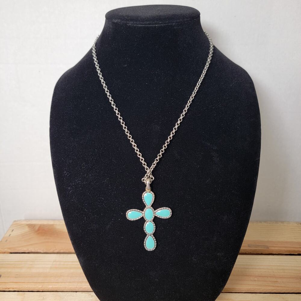 Unbranded 2-Sided Turquoise / Black Cross Necklace 10" Adjustable Chain